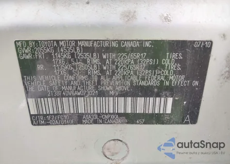 2010 Toyota Rav4 z USA, uszkodzony, nr VIN 2T3BF4DV6AW073021